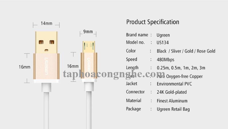Ugreen 30659 0.5M màu Vàng Cáp sạc truyền dữ liệu USB 2.0 sang MICRO USB đầu mạ vàng US134 30030659